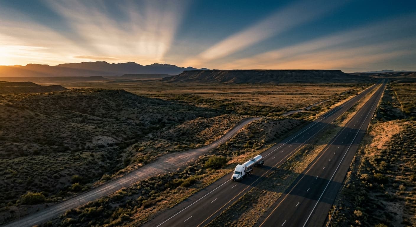 ATLS coverage section image showing a tanker truck moving through a long-haul sunset lane